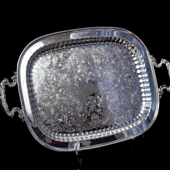 Silver Plated Serving Tray With Intricate Engraving & Handles | Leonard Silver - Picture 11 of 11